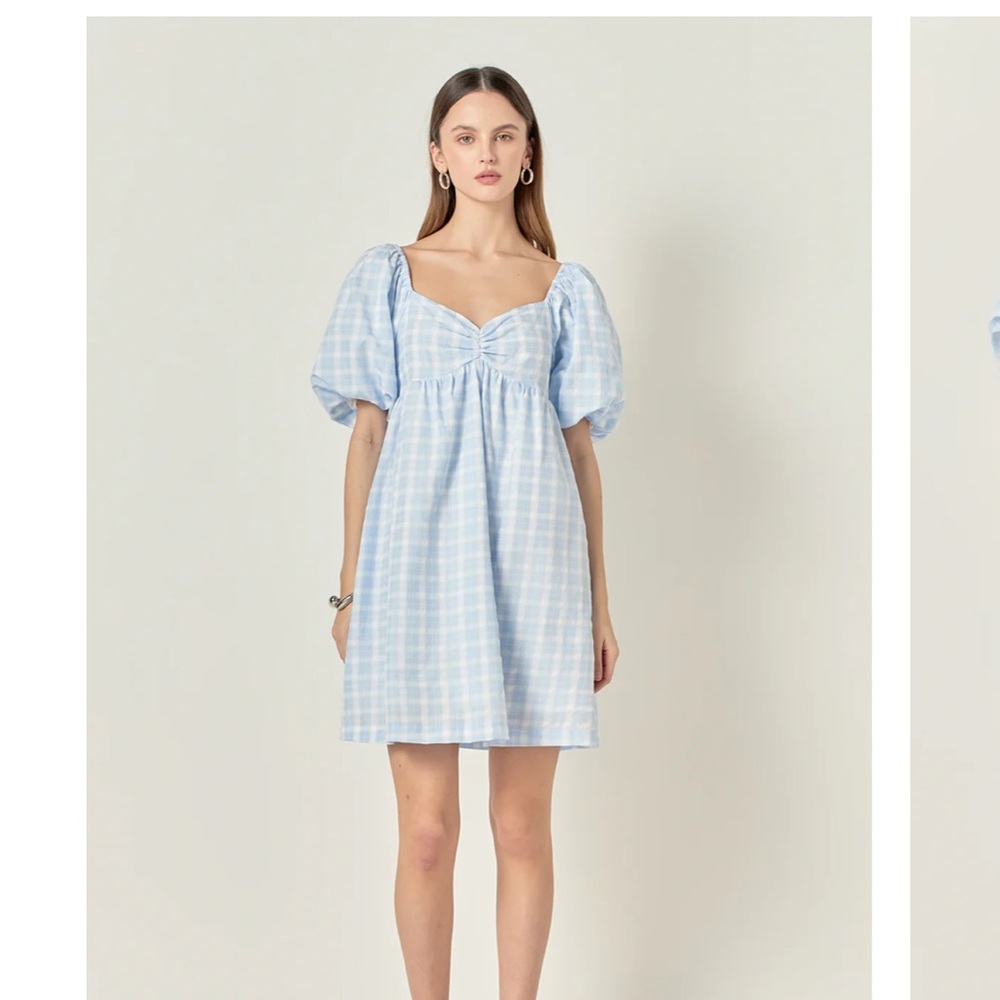 English Factory Blue and White Puff Sleeve Sundress